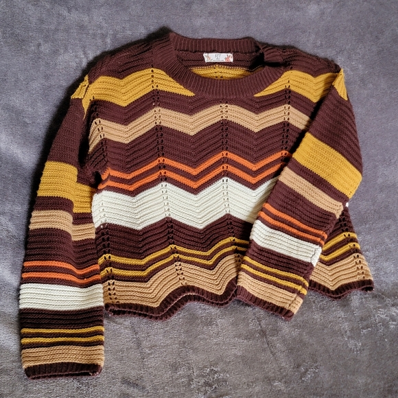 Fct Sweaters - FCT Women's Sz Large Chevron Cropped Knit Sweater in Earth Tones LIKE NEW